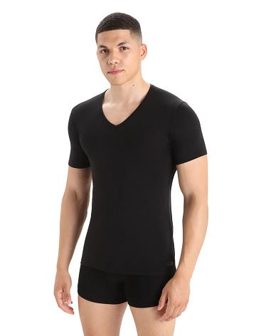 Black Men's Icebreaker Merino Anatomica Short Sleeve V Neck T-Shirt Underwear | USA 1295XYUF